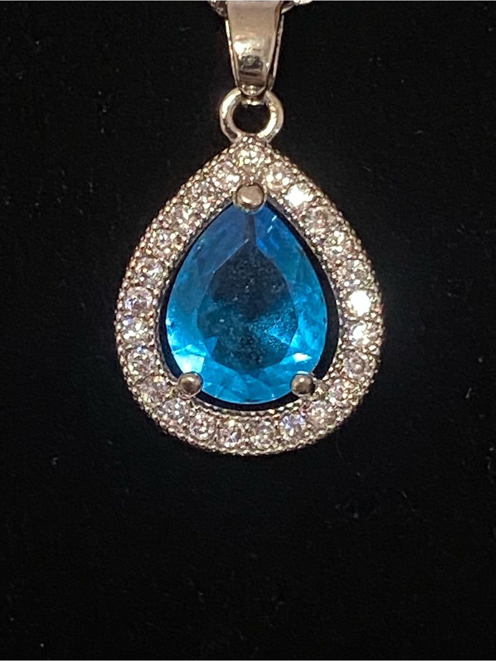 White Gold Austrian Blue Crystal Teardrop Halo Necklace - Nikola Valenti